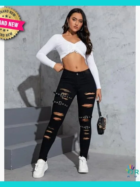 Ripped Distressed High Waist Skinny Jeans Stretch Denim Y2K Chic - Picture 5 of 5